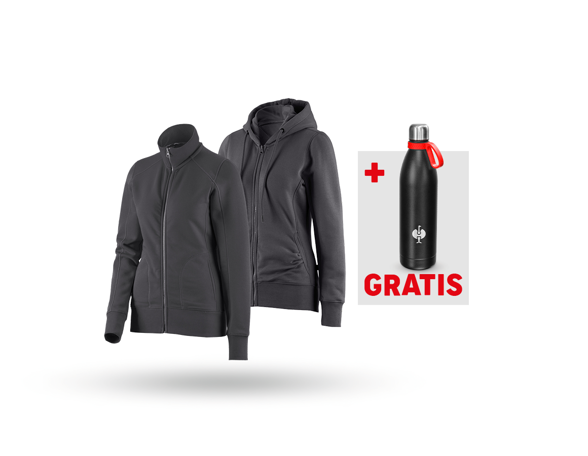 Bekleidung: SET: Sweatjacke + Hoody-Sweatjacke, Damen + anthrazit