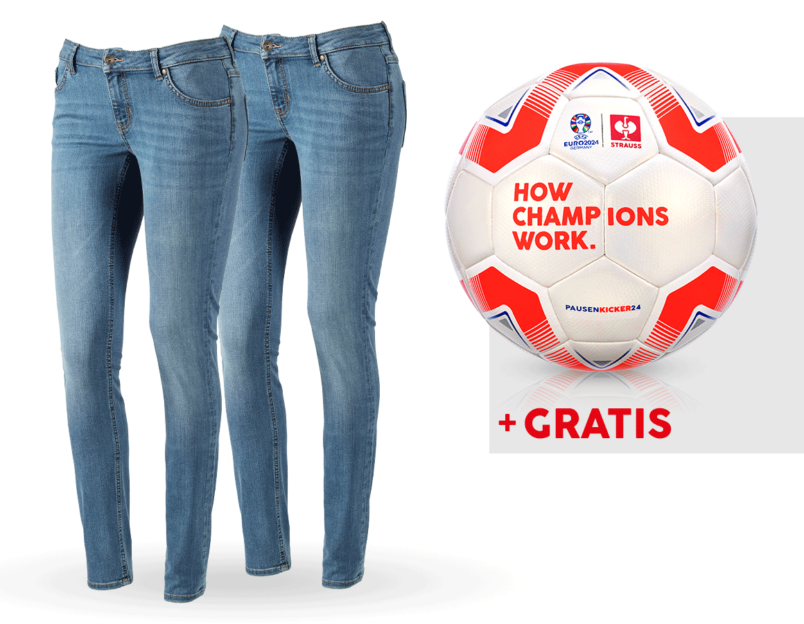 Bekleidung: SET: 2x 5-Pocket-Stretch-Jeans, Damen + Fußball + stonewashed