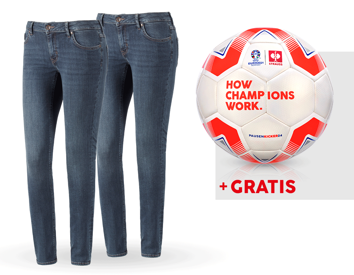 Kollaborationen: SET: 2x 5-Pocket-Stretch-Jeans, Damen + Fußball + mediumwashed