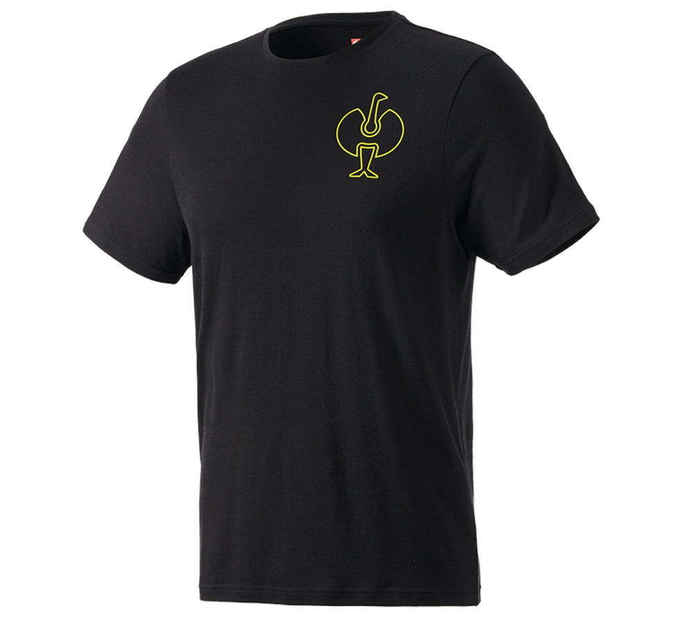 Shirts & Co.: T-Shirt Merino e.s.trail + schwarz/acidgelb