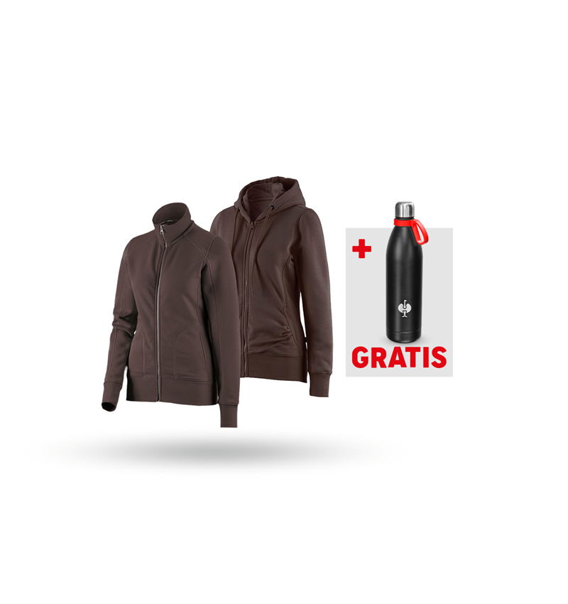 Bekleidung: SET: Sweatjacke + Hoody-Sweatjacke, Damen + kastanie