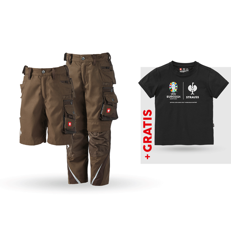 Kollaborationen: SET: Kinder Bundhose + Short e.s.motion + Shirt + haselnuss/kastanie